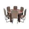 Foto de um(a) Conjunto de mesa de jogo e cadeiras Art Déco, da categoria de Conjunto de sala de jantar. Bela mesa sextavada em lâmina de madeira sucupira, detalhes em lâminas de aço escovado, conjunto coringa podendo ser mesa... Vendido no marketplace Trésors.