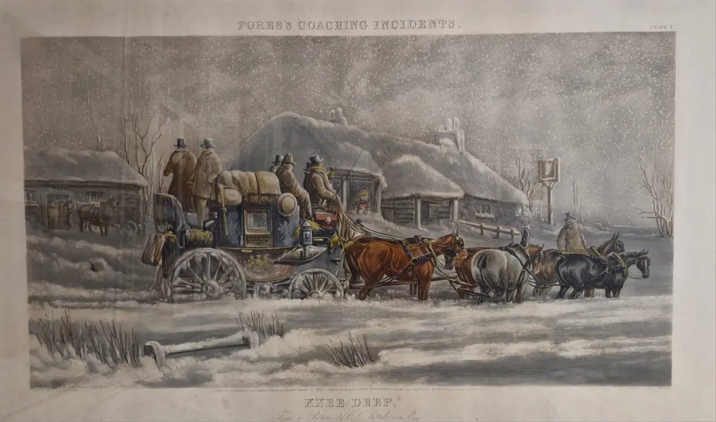 Foto de um(a) Renomada gravura inglesa com moldura em Jacarandá, da categoria de Impressões. Esta rara peça é uma renomada gravura histórica inglesa do tipo aquatinta, intitulada Knee Deep. Ela faz parte da célebre... Mostrado de uma perspectiva diferente. Vendido no marketplace Trésors.