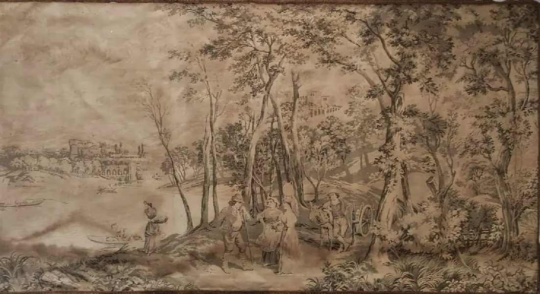 Foto de um(a) Gobelin Francês anos 60, da categoria de Tapeçaria. Gobelin francês, década de 1960. A: 1m L: 1.90m. Vendido no marketplace Trésors.