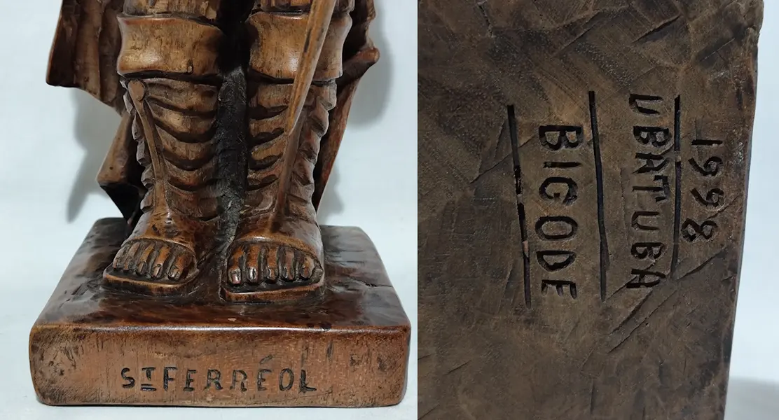 Foto de um(a) ​Escultura de St. Ferréol de Vienne (DC 304), santo guerreiro austríaco., da categoria de Escultura. Escultura de St. Ferréol de Vienne (DC 304), santo guerreiro austríaco. Esculpida em bloco único de madeira por MESTRE... Mostrado de uma perspectiva diferente. Vendido no marketplace Trésors.