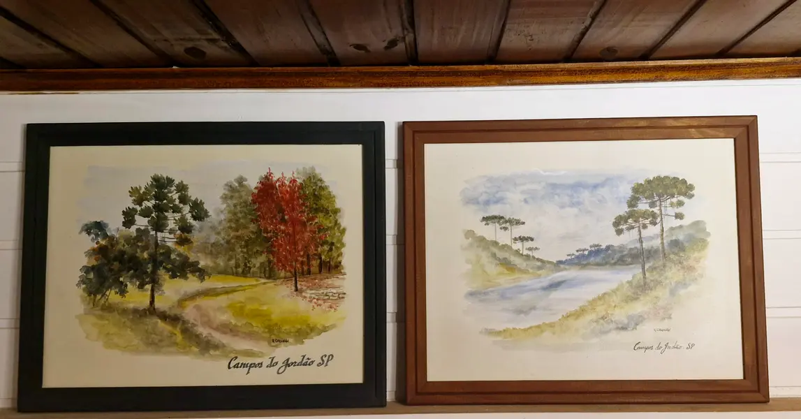 Foto de um(a) Aquarelas da natureza de Campos do Jordão, da categoria de Pinturas. Belo par de aquarelas pintadas à mão por artista local, representando a natureza de Campos do Jordão com Araucária,... Mostrado de uma perspectiva diferente. Vendido no marketplace Trésors.