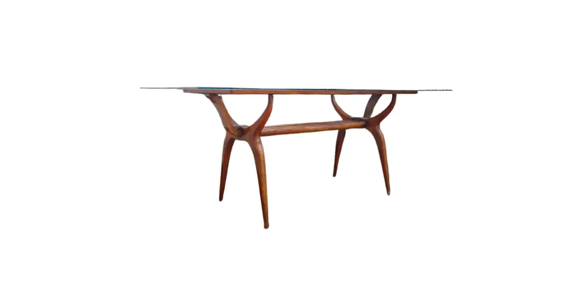 Foto de um(a) Mesa de jantar anos 50-60 com tampo de vidro, da categoria de Mesas de Jantar. Linda mesa de jantar feita na década de 1950/1960. Possui o design modernista, com suas linhas curvas, base em estrutura de... Vendido no marketplace Trésors.