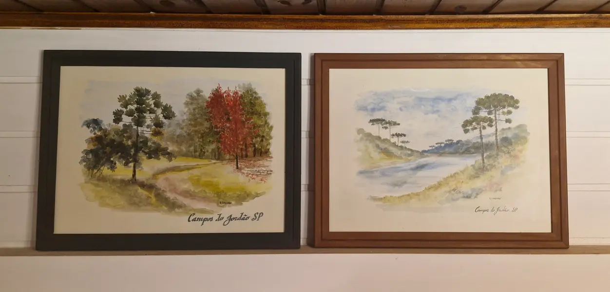 Foto de um(a) Aquarelas da natureza de Campos do Jordão, da categoria de Pinturas. Belo par de aquarelas pintadas à mão por artista local, representando a natureza de Campos do Jordão com Araucária,... Mostrado de uma perspectiva diferente. Vendido no marketplace Trésors.