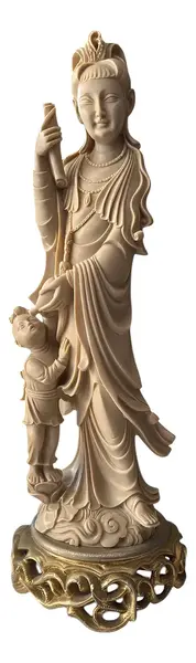 Foto de um(a) Antiga Escultura Divindade Oriental Resina Bronze Dourado, da categoria de Escultura. Antiga e imponente escultura oriental com figura feminina e criança em resina marmorizada. Base dourada em bronze. Peça... Vendido no marketplace Trésors.