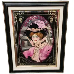 Foto de um(a) Quadro Espelhado Bohemia Antigo Art Nouveau, da categoria de Pinturas. Quadro Bohemia antigo, Art nouveau, espelhado e serigrafia no vidro, moldura em madeira original. Vendido no marketplace Trésors.