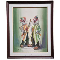 Foto de um(a) Quadro Antigo de Palhaços, da categoria de Pinturas. Quadro antigo de palhaços, óleo sobre tela moldura em madeira original. Vendido no marketplace Trésors.