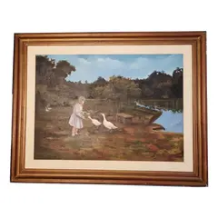 Foto de um(a) Pintura Realista de Paisagem com Menina Alimentando Patos, da categoria de Pinturas. Bela pintura com moldura retratando paisagem com uma menina alimentando patos. Vendido no marketplace Trésors.