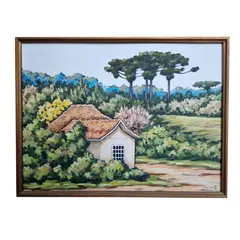 Foto de um(a) Óleo sobre tela - Vivian Vidal 1988 - Casa e Araucária, da categoria de Pinturas. Óleo sobre tela VIVIAN VIDAL (1951-2015). Mede 30x40cm - 1988. Vendido no marketplace Trésors.