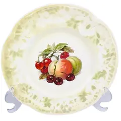Foto de um(a) Prato decorativo em porcelana, da categoria de Pratos Decorativos. Prato para decoração em porcelana da manufatura Dresden em tons de verde claro e frutas em policromia. Possui perdas em uma... Vendido no marketplace Trésors.