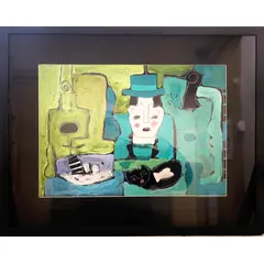 Foto de um(a) Asfaduroff Nibbes, Casal com Gato, 49 x 62, 2024.​, da categoria de Pinturas. Asfaduroff Nibbes, Casal com Gato, 49 x 62, acrílico sobre cartão, passpartout preto, emoldurado e envidraçado. Vendido no marketplace Trésors.
