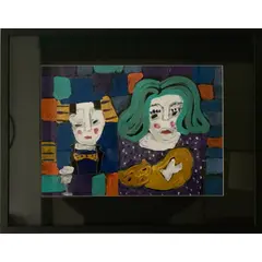 Foto de um(a) Asfaduroff Nibbes, Casal com Gatos, 2024, da categoria de Pinturas. Asfaduroff Nibbes, Casal com Gato, 49 x 62, acrílico sobre cartão, passpartout preto, emoldurado e envidraçado. Vendido no marketplace Trésors.