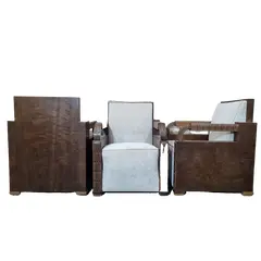 Foto de um(a) Trio de poltronas Art déco, da categoria de Poltronas. Estrutura em madeira rádica de imbuia e estofado em chenile claromedidas poltrona: 78cm P x73cmL x 96cm A /... Vendido no marketplace Trésors.