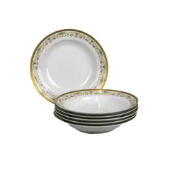 Foto de um(a) Conjunto com 06 pratos fundos porcelana Real, da categoria de Jogos de pratos. Conjunto de 6 pratos fundos da renomada marca PORCELANA REAL BRASIL, com decoração floral em policromia e borda dourada. Em... Vendido no marketplace Trésors.