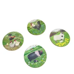 Foto de um(a) ​Jogo com 4 porta copos em madeira e cortiça - animais da fazenda, da categoria de Porta-copos. Jogo com 4 porta copos em madeira e cortiça. Marcas do tempo e uso. Medidas: 9,5cm diametro. Vendido no marketplace Trésors.