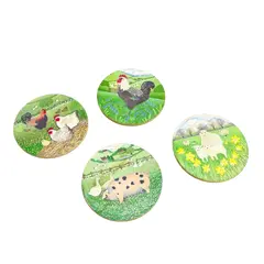 Foto de um(a) ​Jogo com 4 porta copos em madeira e cortiça - animais da fazenda, da categoria de Porta-copos. Jogo com 4 porta copos em madeira e cortiça. Marcas do tempo e uso. Medidas: 9,5cm diametro. Vendido no marketplace Trésors.