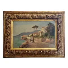 Foto de um(a) Antigo Quadro Europeu Com Moldura Dourada, da categoria de Pinturas. Linda pintura de óleo sobre tela com rica moldura em madeira e gesso com douração. Todas as caracteristcas do pintor... Vendido no marketplace Trésors.