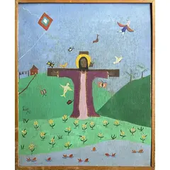 Foto de um(a) Pintura Naif, da categoria de Pinturas. Lis. Cristo Crucificado. Óleo sobre tela. 60 x 49 cm. 1970. Medida total com a moldura: 62 x 51,5 cm. Vendido no marketplace Trésors.