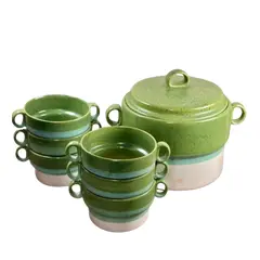 Foto de um(a) Conjunto sopeira Studio Tacto com 6 bowls | anos 80, da categoria de Terrinas de sopa. Conjunto em cerâmica vitrificada composto por 1 sopeira com tampa e 6 bowls com alças laterais, todos no clássico acabamento... Vendido no marketplace Trésors.