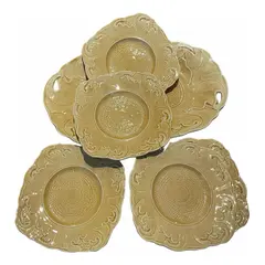 Foto de um(a) Antigo Raro Conjunto Prato Servir Sobremesa Majólica Inglesa, da categoria de Conjuntos de servir. ~ Sterling Pottery ~Antigo e belíssimo conjunto para sobremesa em majólica inglesa com decoração de folhas em relevo,... Vendido no marketplace Trésors.
