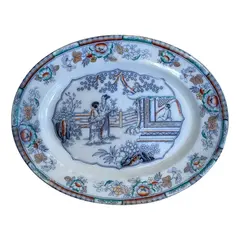 Foto de um(a) Antigo Prato Travessa Porcelana Oriental Imari Red Flow Blue, da categoria de Travessas e tigelas. Antigo e grande prato/travessa em porcelana artística inglesa Imari Red Flow Blue. Período Vitoriano. Pintado à mão.... Vendido no marketplace Trésors.
