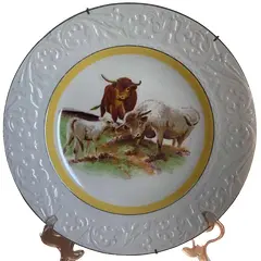 Foto de um(a) Antigo Grande Prato Medalhão Porcelana Inglesa Ivory Ware, da categoria de Pratos Decorativos. Wood’s Ivory Ware - England. Grande prato medalhão de parede em fina porcelana inglesa, com linda decoração rural com casal... Vendido no marketplace Trésors.