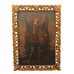 Foto de um(a) Quadro Cusquenho OSD de São Miguel arcanjo, da categoria de Outros objetos decorativos. Antigo e suntuoso quadro cusquenho OSD com figura de São Miguel arcanjo com moldura nobre, ricamente trabalhada com douração... Vendido no marketplace Trésors.