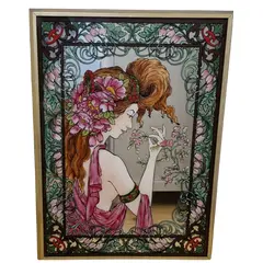 Foto de um(a) Magnífica e antiga pintura estilo Art Nouveau sobre espelho, da categoria de Pinturas. Excepcional quadro com pintura esmaltada sobre o espelho, um exemplo de arte decorativa inspirada no movimento Art Nouveau,... Vendido no marketplace Trésors.