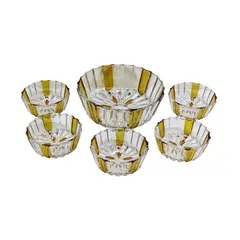 Foto de um(a) Conjunto com 6 peças para sobremesa em cristal facetado, da categoria de Conjuntos de servir. Delicado conjunto de 6 peças para sobremesa, possivelmente alemão em fino cristal translúcido facetado com detalhes âmbar.... Vendido no marketplace Trésors.