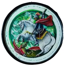 Foto de um(a) Mandala São Jorge, Pintada a Mão, Década de 1980, da categoria de Objetos religiosos e espirituais. Mandala de são jorge, ogum na umbanda, comemorado dia 23 de abril e venerado pelo mundo todo. Mandala feita em uma tampa de... Vendido no marketplace Trésors.