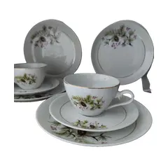 Foto de um(a) Conjunto de café porcelana Steatita Anos 60, da categoria de Conjuntos de café e chá. Jogo de café steatita em porcelana branca com flores de castanheira e filete de ouro, 26 peças compõem esse clássico da... Vendido no marketplace Trésors.