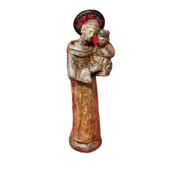 Foto de um(a) Imagem de Santo Antônio, Porto Seguro - Bahia, Década de 1980, da categoria de Objetos religiosos e espirituais. Imagem de santo antônio em terracota. Esplendor e coroa em metal. Com descrição do artesão e como todas as obras do autor,... Vendido no marketplace Trésors.