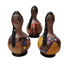 Foto de um(a) Bonecas em Porongo, Arte Peruana, Década de 1980, da categoria de Bonecas. Combo com 3 bonecas peruanas feitas com porongo, com decupagem das listras clássicas do tear manual. Únicas e divertidas,... Vendido no marketplace Trésors.