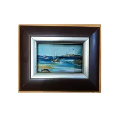 Foto de um(a) Quadro Marina Anos 90, da categoria de Pinturas. Quadro em acrílico sobre eucatex com moldura em madeira e prata, comprado em porto alegre no final dos anos 1990 Tela: 17 cm... Vendido no marketplace Trésors.