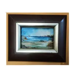 Foto de um(a) Quadro Blue Sea Anos 90, da categoria de Pinturas. Quadro marina em acrílico sobre eucatex com moldura em madeira e prata, comprado em porto alegre no final dos anos 1990... Vendido no marketplace Trésors.