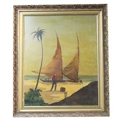Foto de um(a) Quadro OST com paisagem de velas e pescador, da categoria de Pinturas. Belo quadro OST com paisagem de velas e pescador na praia em policromia. Possui exuberante moldura em madeira nobre e... Vendido no marketplace Trésors.
