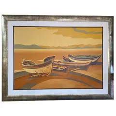 Foto de um(a) Quadro Antigo Belmiro Santos - "Canoas de Pesca", Óleo Original Assinado, da categoria de Pinturas. Belo Óleo sobre Tela de Belmiro Santos – Marinha Modernista em Tons Ocres e Dourados Apresentamos uma encantadora pintura... Vendido no marketplace Trésors.