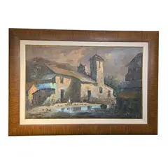 Foto de um(a) Quadro Pintura Reflexos do Tempo: Vilarejo em Óleo - Pablo Matania, da categoria de Pinturas. Grande artista argentino. Esta belíssima obra de Pablo Matania captura a essência da vida rural com uma sensibilidade única.... Vendido no marketplace Trésors.