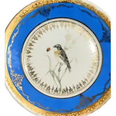 Foto de um(a) Prato Porcelana Dom Pedro, Rio de Janeiro, Década de 1940, da categoria de Pratos Decorativos. Prato de parede policromado e filetado e arabescos em toda a borda. Parte interna com pintura de um passarinho sobre ramos.... Vendido no marketplace Trésors.