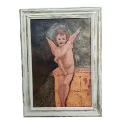 Foto de um(a) Anjo Acrílico sobre Tela, da categoria de Pinturas. Quadro em acrílico sobre tela de anjo com técnica de envelhecimento e craquelamento, moldura provençal com pátina dourada.... Vendido no marketplace Trésors.