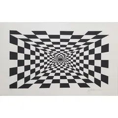 Foto de um(a) Kleber Ventura, "Optico" é uma serigrafia exemplar 9 de 25, medindo 50x70cm, sem moldura e assinada a mão pelo artista, da categoria de Serigrafia. José Kleber Ventura Leite (1950 – 2026) foi um proeminente desenhista, pintor, gravador e escultor brasileiro, reconhecido... Vendido no marketplace Trésors.