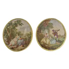 Foto de um(a) Lindíssimas Placas decorativas vintage - antiguidade, da categoria de Outros objetos decorativos. Belo par de placas decorativas vintage de madeira, com formato oval e bordas douradas, decorados com reproduções de famosas... Vendido no marketplace Trésors.