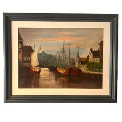 Foto de um(a) Franc Tisovec (Fratis). Título: Porto Bom. Técnica: Óleo sobre tela (OST). Dimensões 73 x 93 cm, da categoria de Pinturas. Moldura contemporânea em tons de cinza grafite com passpartout em madeira clara e filete dourado. Magnífica marinha de... Vendido no marketplace Trésors.
