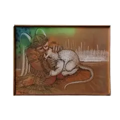 Foto de um(a) Helenos - Anjo com gato. Técnica mista sobre cartão colada em placa, datado em 1972 e assinado à mão., da categoria de Pinturas. Helenos - Anjo com gato. Técnica mista sobre cartão colada em placa, datado em 1972 e assinado à mão. Vendido no marketplace Trésors.
