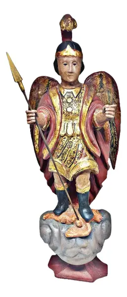 Foto de um(a) Imagem representando São Miguel Arcanjo Policromada, da categoria de Objetos religiosos e espirituais. A escultura de São Miguel Arcanjo é uma obra artesanal que traz à sua casa um toque de espiritualidade e arte. Com 54 cm de... Vendido no marketplace Trésors.
