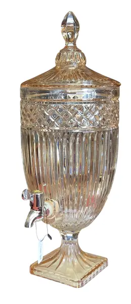 Foto de um(a) Suqueira Dispensador de Bebidas em Vidro Âmbar Canelado com Torneira e Tampa, da categoria de Garrafas, potes e jarros. Adicione um toque de elegância clássica e sofisticação aos seus eventos ou à decoração da sua casa com esta magnífica peça... Vendido no marketplace Trésors.