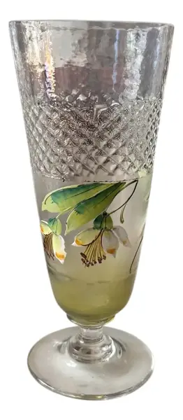 Foto de um(a) Antiga Taça Cálice Copo Tulipa Vidro Veneziano Art Nouveau, da categoria de Copos e taças. Antiga e fina taça em vidro artístico veneziano, pintada à mão. peça única. Altura 15cm. Vendido no marketplace Trésors.