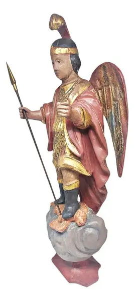 Foto de um(a) Imagem representando São Miguel Arcanjo Policromada, da categoria de Objetos religiosos e espirituais. A escultura de São Miguel Arcanjo é uma obra artesanal que traz à sua casa um toque de espiritualidade e arte. Com 54 cm de... Mostrado de uma perspectiva diferente. Vendido no marketplace Trésors.