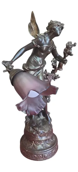 Foto de um(a) Antiga Luminária Escultura Petit Bronze Estilo Art Nouveau - Tulipa em Vidro Acetinado, da categoria de Escultura. Elegância e Arte em uma Peça Única Apresentamos esta magnífica luminária escultura confeccionada em petit bronze, uma peça... Mostrado de uma perspectiva diferente. Vendido no marketplace Trésors.