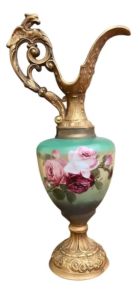 Foto de um(a) Antiga Rara Ânfora Jarro Decorativo Dourado Opalina França, da categoria de Jarros. Antiga e grande jarra decorativa com estrutura em metal trabalhado e parte central em opalina francesa pintada à mão. Peça... Vendido no marketplace Trésors.
