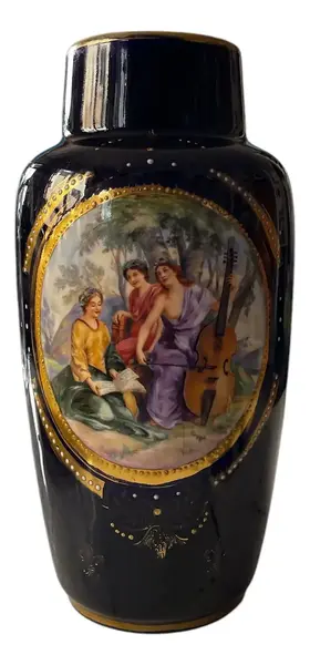 Foto de um(a) Antigo Raro Vaso Art Nouveau Porcelana Tcheco Com Damas, da categoria de Vasos. Antigo e maravilhoso vaso artístico em porcelana azul cobalto procedente da Czechoslovakia. Decoração central com linda cena... Vendido no marketplace Trésors.